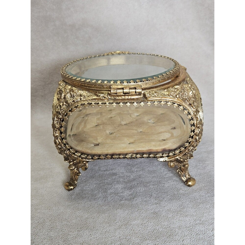 Vintage Ormolu Table Casket Trinket Box Gold Vanity Roses Beveled Glass *READ*